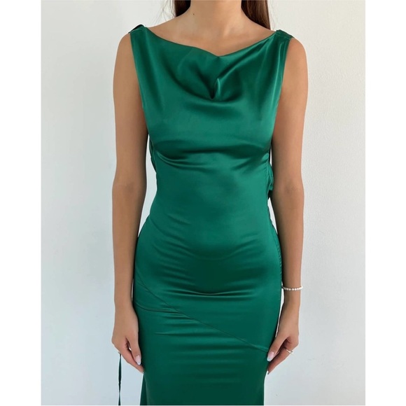 Fenity Isabelle Maxi Slip Dress Kelly Green Satin Open Back Draped Large Party - Picture 8 of 16